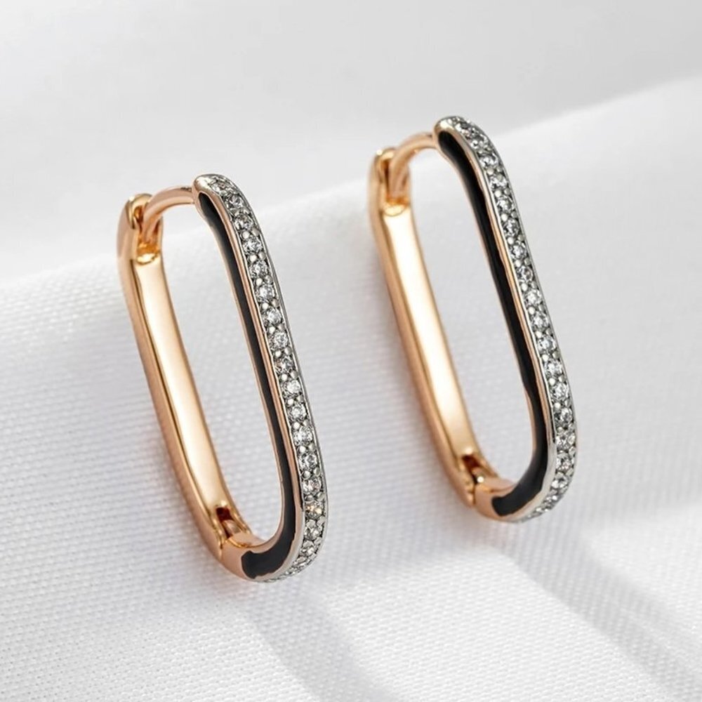 585 Rose Gold Black Enamel Zirconia Hoop Earrings
